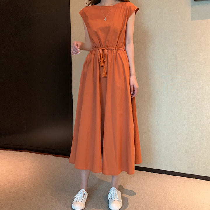 Buddha Stonesカジュアル イースタンウエスト ドローストリングデザイン 半袖 コットンリネン ミディドレス