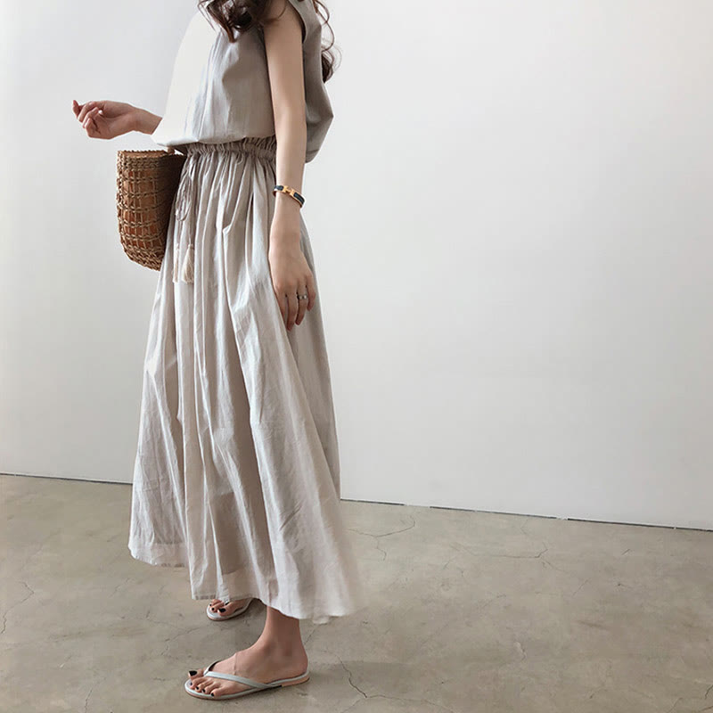 Buddha Stonesカジュアル イースタンウエスト ドローストリングデザイン 半袖 コットンリネン ミディドレス - image 7