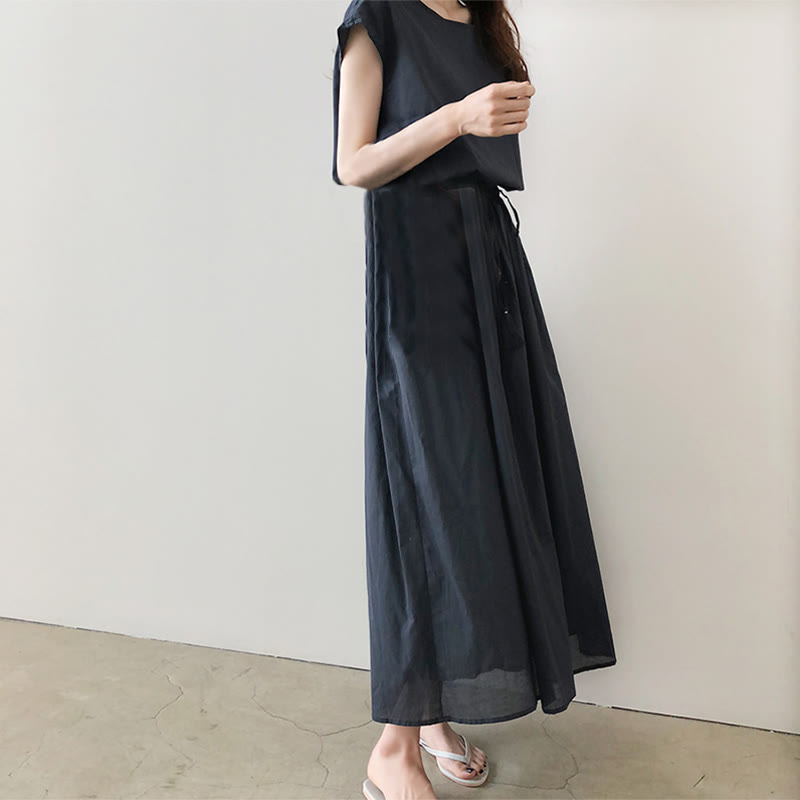 Buddha Stonesカジュアル イースタンウエスト ドローストリングデザイン 半袖 コットンリネン ミディドレス - image 20