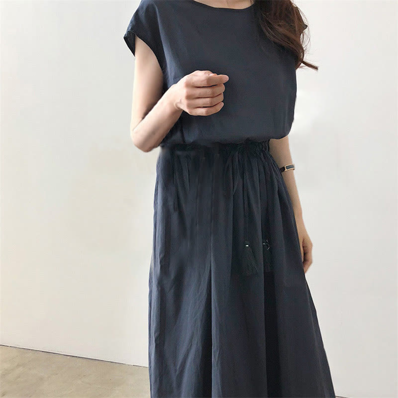Buddha Stonesカジュアルイーストウエストドローストリングデザイン半袖ミディドレス - image 21