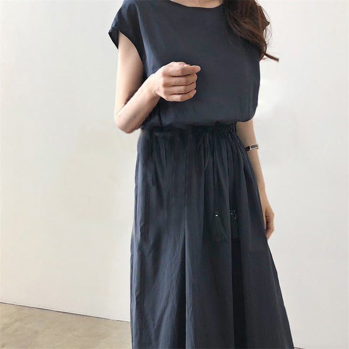 Buddha Stonesカジュアルイーストウエストドローストリングデザイン半袖ミディドレス - image 21