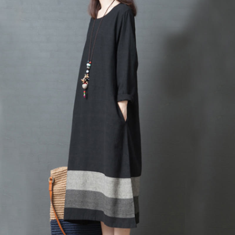 Buddha Stonesカジュアルストライプ 長袖 コットンリネン ミディドレス ポケット付き - image 15