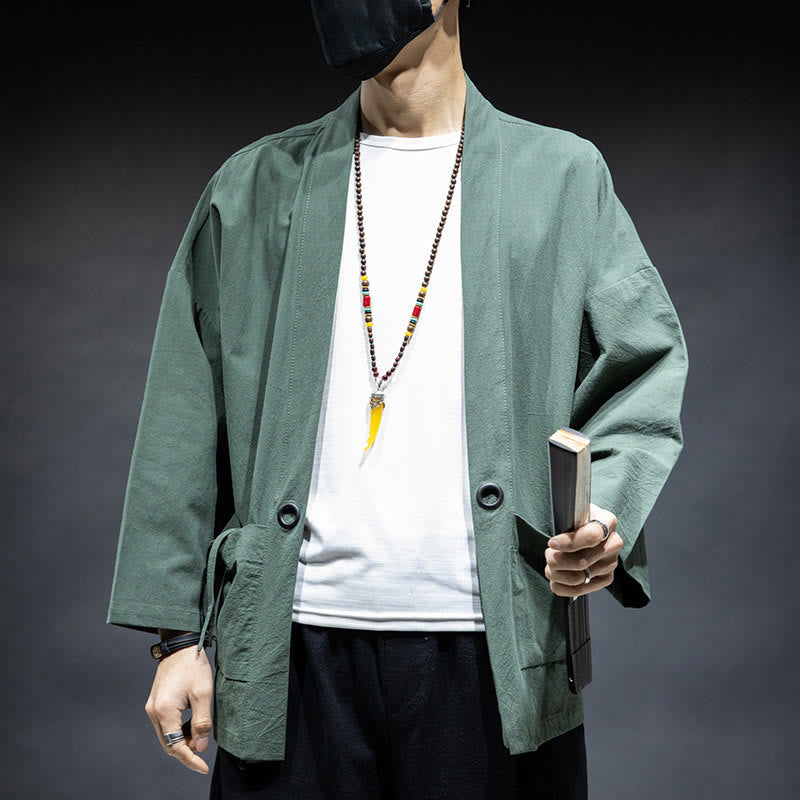 Buddha Stones無地 レースアップ オープンフロント ジャケット コットン メンズ 着物 - ミディアムアクアマリン - US/UK/AU46、 EU56 (5XL) - image 22