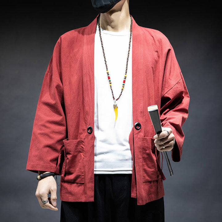 Buddha Stones無地 レースアップ オープンフロント ジャケット コットン メンズ 着物 - トマト - US/UK/AU46、 EU56 (5XL) - image 12