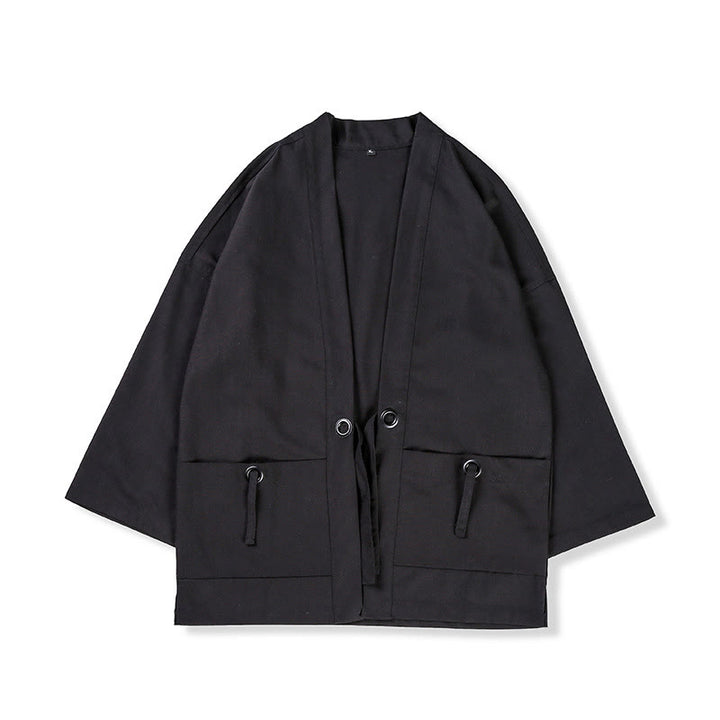 Buddha Stones無地 レースアップ オープンフロント ジャケット コットン メンズ 着物 - image 11