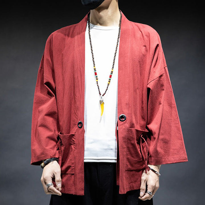 Buddha Stones無地 レースアップ オープンフロント ジャケット コットン メンズ 着物 - image 16