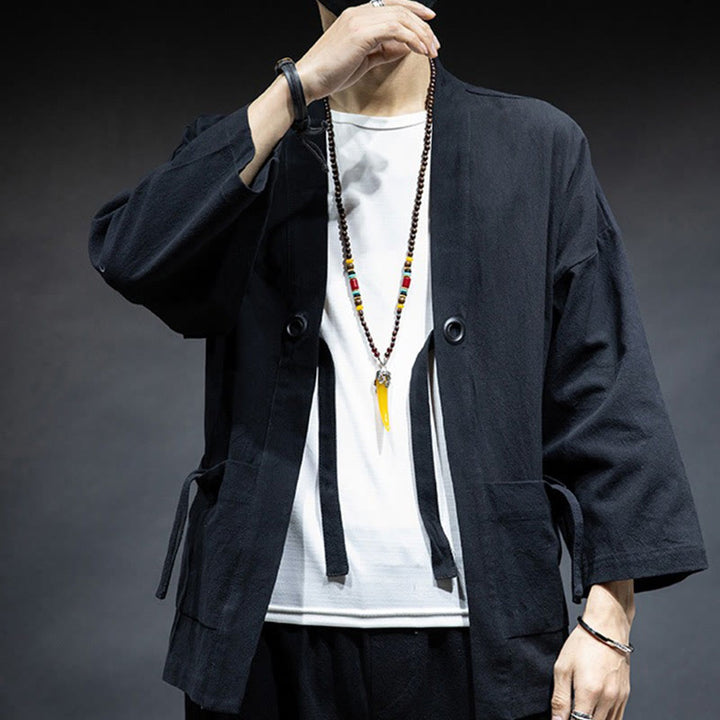 Buddha Stones無地 レースアップ オープンフロント ジャケット コットン メンズ 着物 - image 9