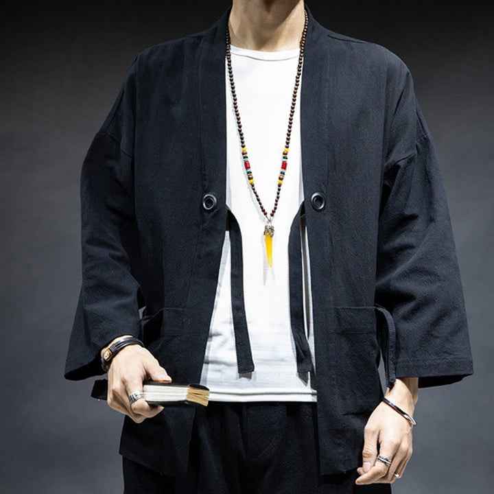 Buddha Stones無地 レースアップ オープンフロント ジャケット コットン メンズ 着物 - image 8