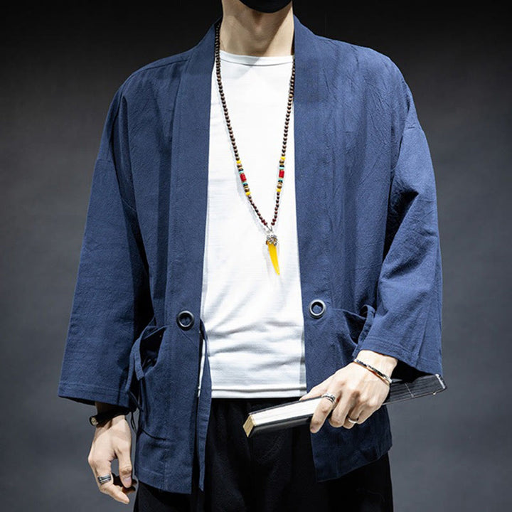 Buddha Stones無地 レースアップ オープンフロント ジャケット コットン メンズ 着物 - image 2