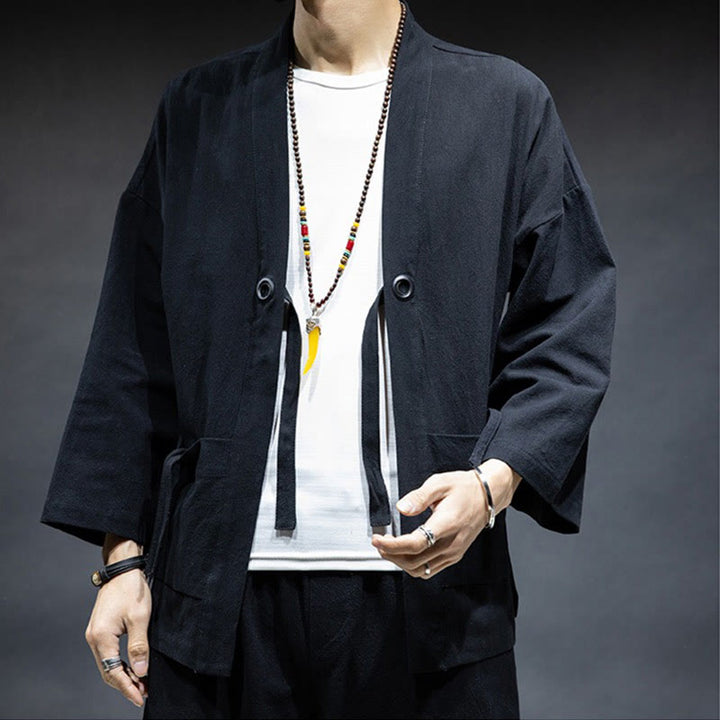 Buddha Stones無地 レースアップ オープンフロント ジャケット コットン メンズ 着物 - image 6