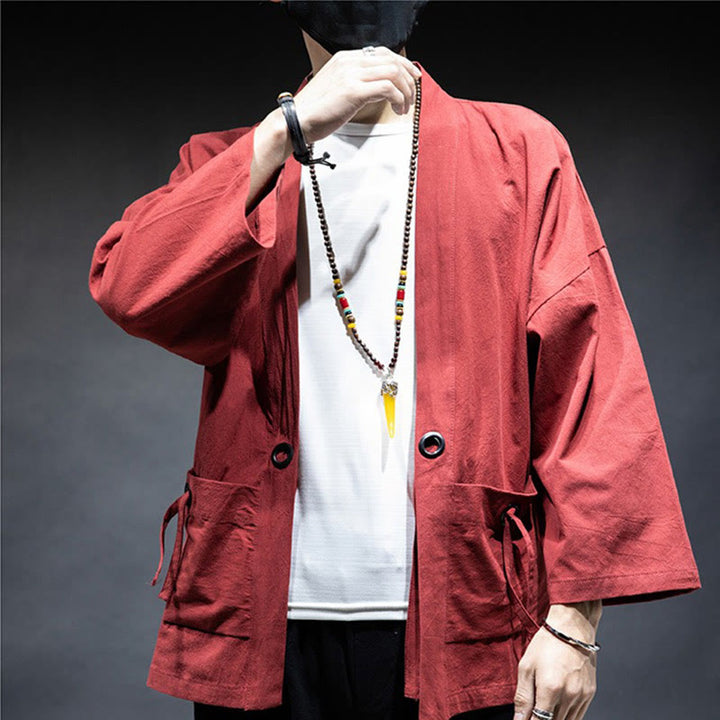 Buddha Stones無地 レースアップ オープンフロント ジャケット コットン メンズ 着物 - image 15