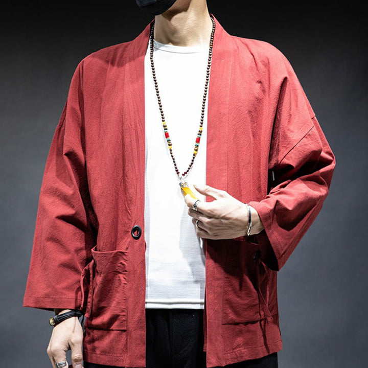 Buddha Stones無地 レースアップ オープンフロント ジャケット コットン メンズ 着物 - image 17