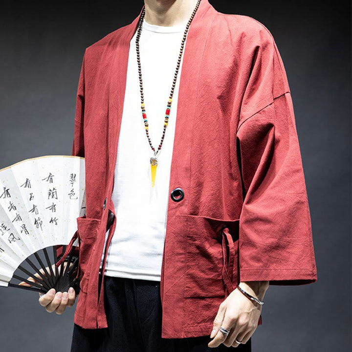 Buddha Stones無地 レースアップ オープンフロント ジャケット コットン メンズ 着物 - image 13