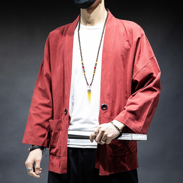 Buddha Stones無地 レースアップ オープンフロント ジャケット コットン メンズ 着物 - image 18