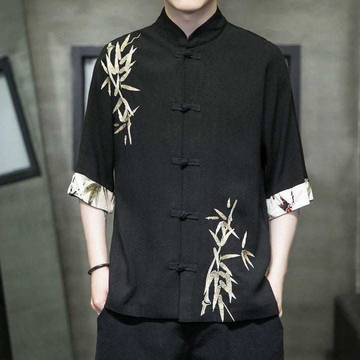 Buddha Stonesメンズ フロッグボタン バンブーリネン ハーフスリーブシャツ - 黒 - US/UK/AU42、 EU52 (3XL) - image 2