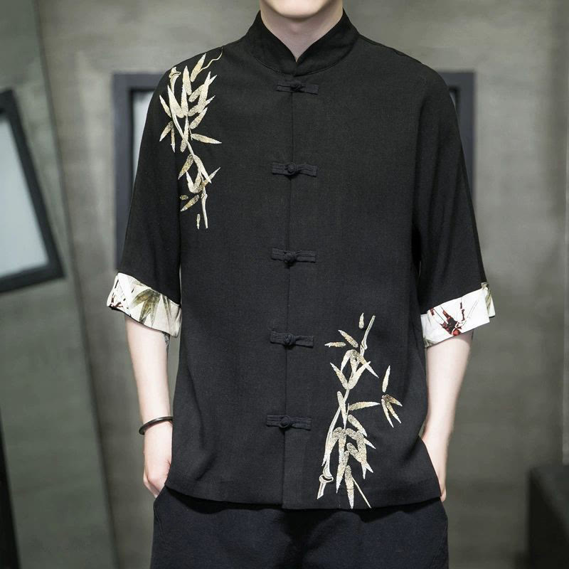 Buddha Stonesメンズ フロッグボタン バンブーリネン ハーフスリーブシャツ - 黒 - US/UK/AU42、 EU52 (3XL) - image 2