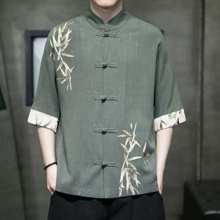 Buddha Stonesメンズ フロッグボタン バンブーリネン ハーフスリーブシャツ - ダークシーグリーン - US/UK/AU42、 EU52 (3XL) - image 6