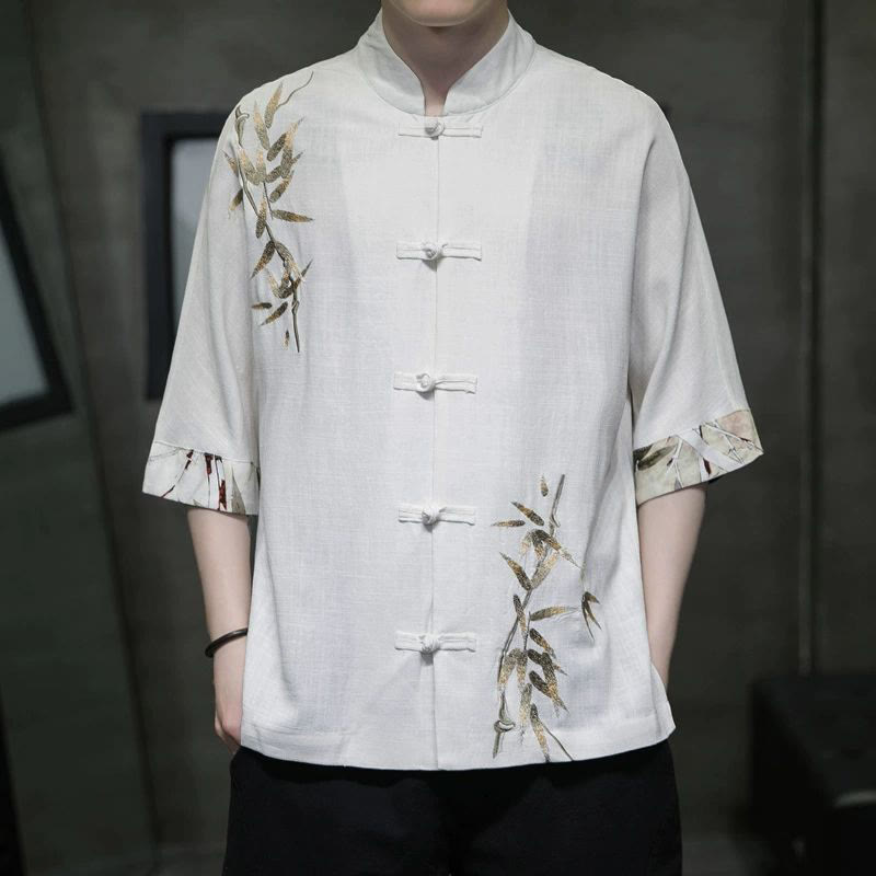 Buddha Stonesメンズ フロッグボタン バンブーリネン ハーフスリーブシャツ - 白 - US/UK/AU42、 EU52 (3XL) - image 0