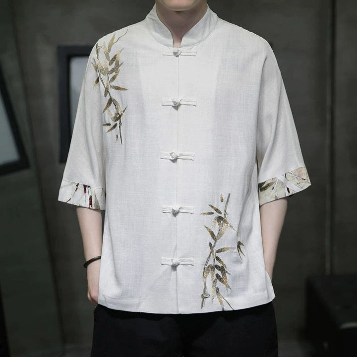 Buddha Stonesメンズ フロッグボタン バンブーリネン ハーフスリーブシャツ - 白 - US/UK/AU42、 EU52 (3XL) - image 0