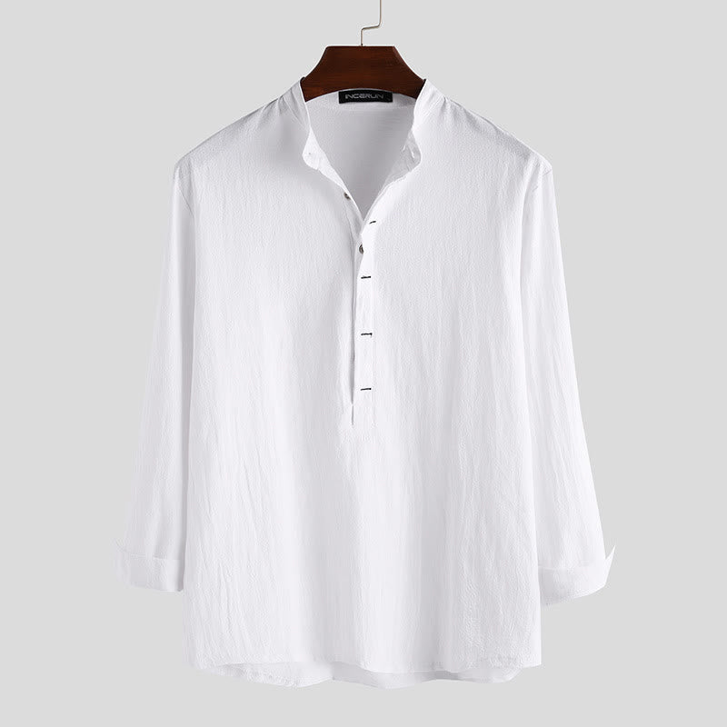 Buddha Stones無地 ハーフボタン 長袖 コットン メンズシャツ - 白 - US/UK/AU42、 EU52 (3XL) - image 0