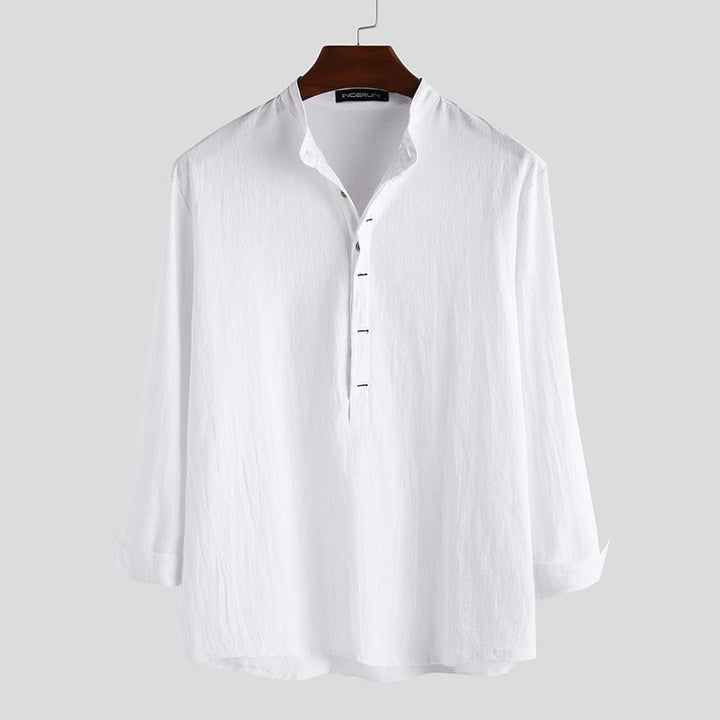 Buddha Stones無地 ハーフボタン 長袖 コットンリネン メンズシャツ - 白 - US/UK/AU42、 EU52 (3XL) - image 0