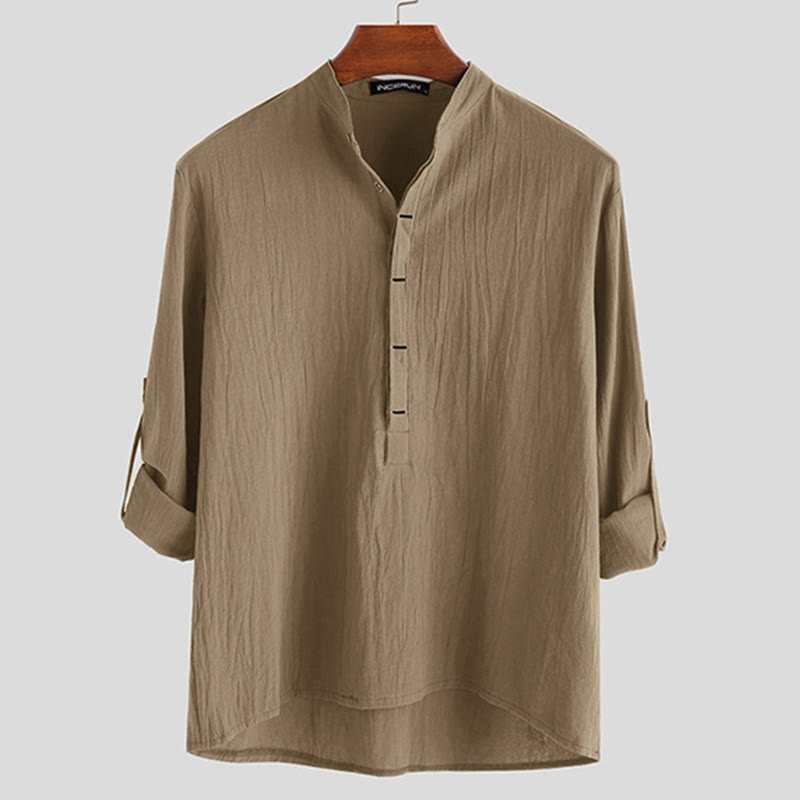 Buddha Stones無地 ハーフボタン 長袖 コットンリネン メンズシャツ - タン - US/UK/AU42、 EU52 (3XL) - image 7