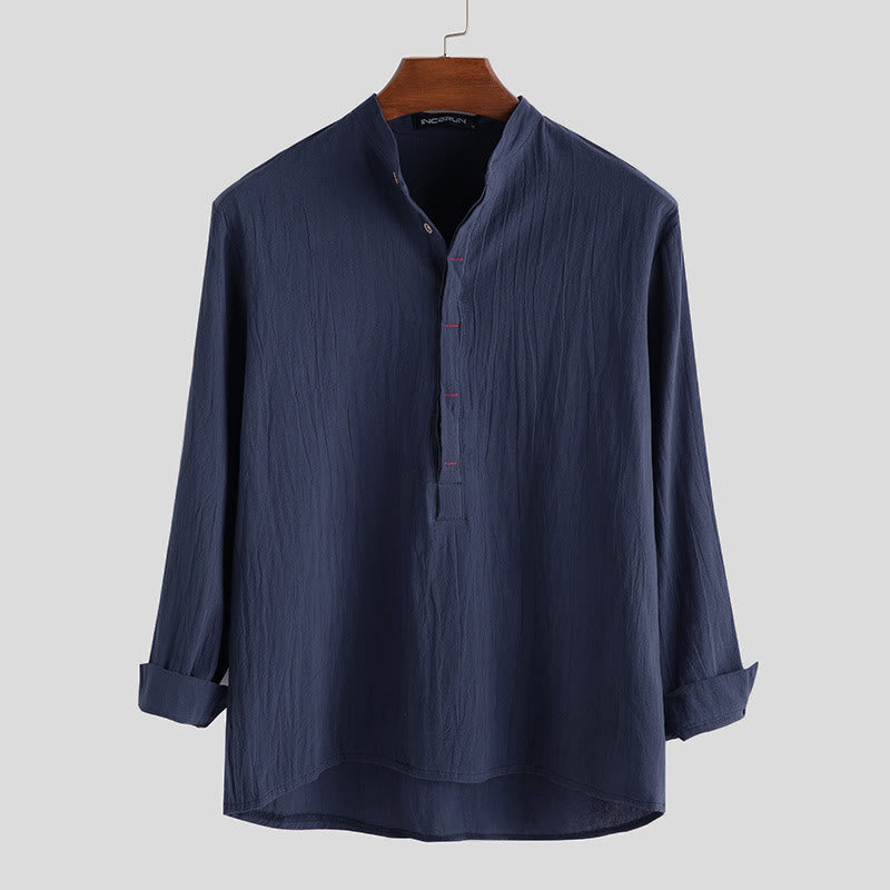 Buddha Stones無地 ハーフボタン 長袖 コットンリネン メンズシャツ - スティールブルー - US/UK/AU42、 EU52 (3XL) - image 4