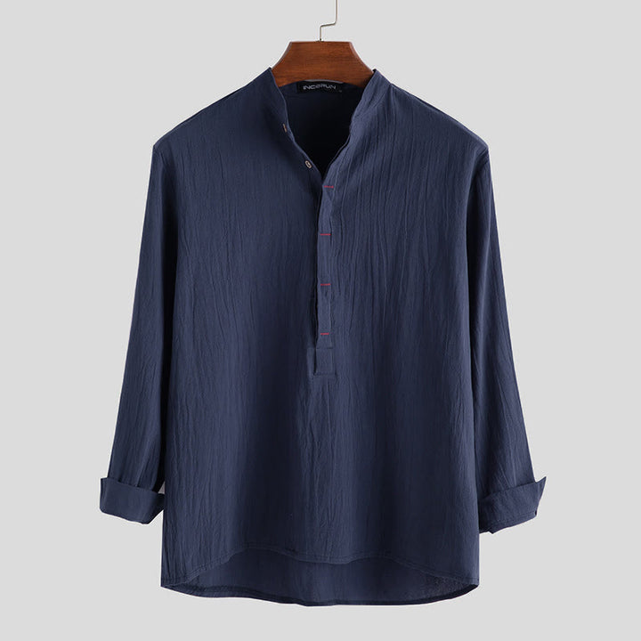 Buddha Stones無地 ハーフボタン 長袖 コットンリネン メンズシャツ - スティールブルー - US/UK/AU42、 EU52 (3XL) - image 4