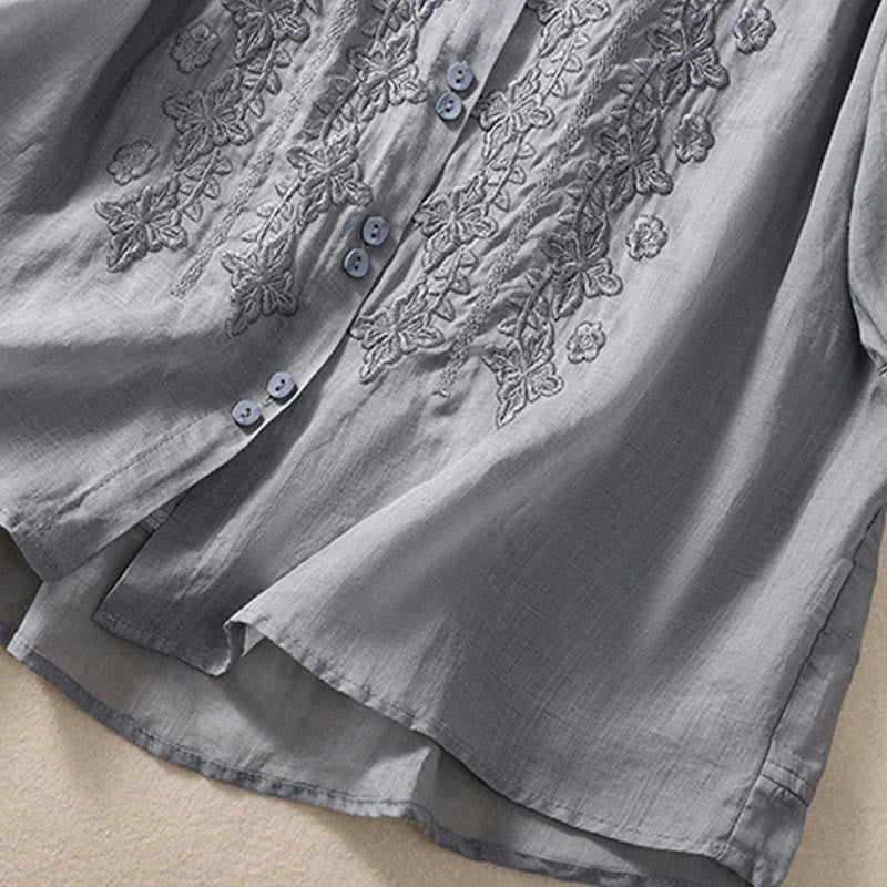 Buddha Stones夏 無地 ボタン 刺繍 花柄 七分袖 ラペル コットン リネン レディース シャツ - image 18