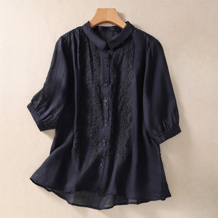 Buddha Stones夏 無地 ボタン 刺繍 花柄 七分袖 ラペル コットン リネン レディース シャツ - 黒 - US12、 UK/AU16、 EU44 (2XL) - image 26