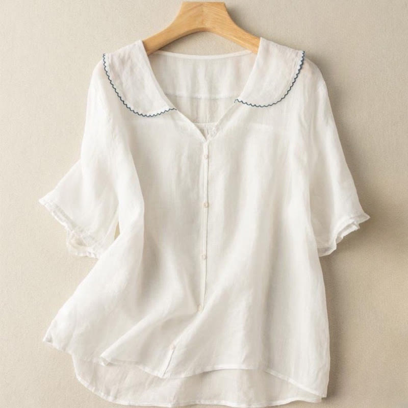 Buddha Stonesカジュアル 無地 ボタン ハーフスリーブ ミディカラー レディース シャツ - 白 - US12、 UK/AU16、 EU44 (2XL) - image 18