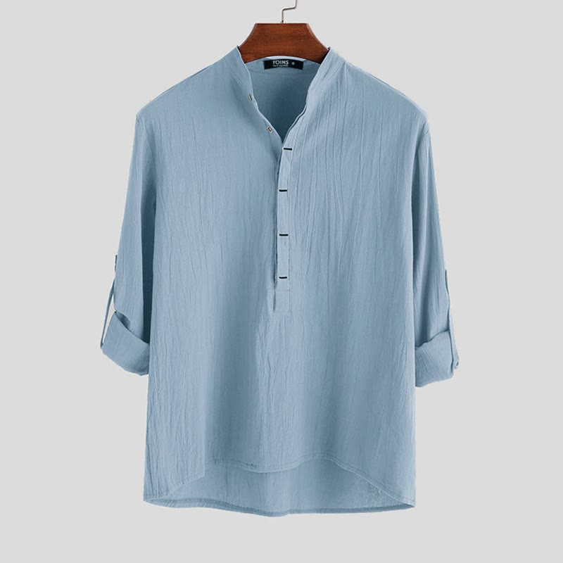 Buddha Stones無地 ハーフボタン 長袖 コットンリネン メンズシャツ - ライトスカイブルー - US/UK/AU42、 EU52 (3XL) - image 3