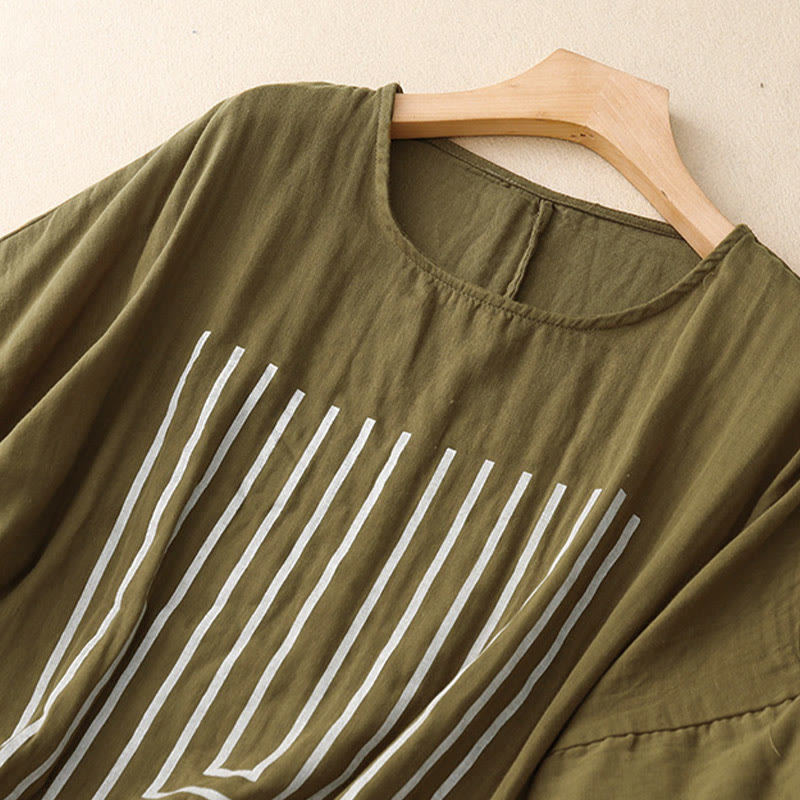 Buddha Stonesカジュアルラインプリント柄半袖コットンリネンレディースTシャツ - image 1
