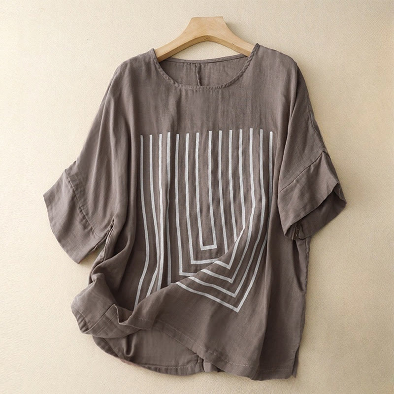 Buddha Stonesカジュアルラインプリント柄半袖コットンリネンレディースTシャツ - ロージーブラウン - US12、 UK/AU16、 EU44 (2XL) - image 17