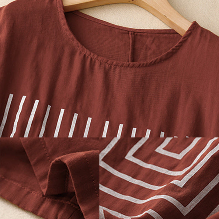 Buddha Stonesカジュアルラインプリント柄半袖コットンリネンレディースTシャツ - image 8