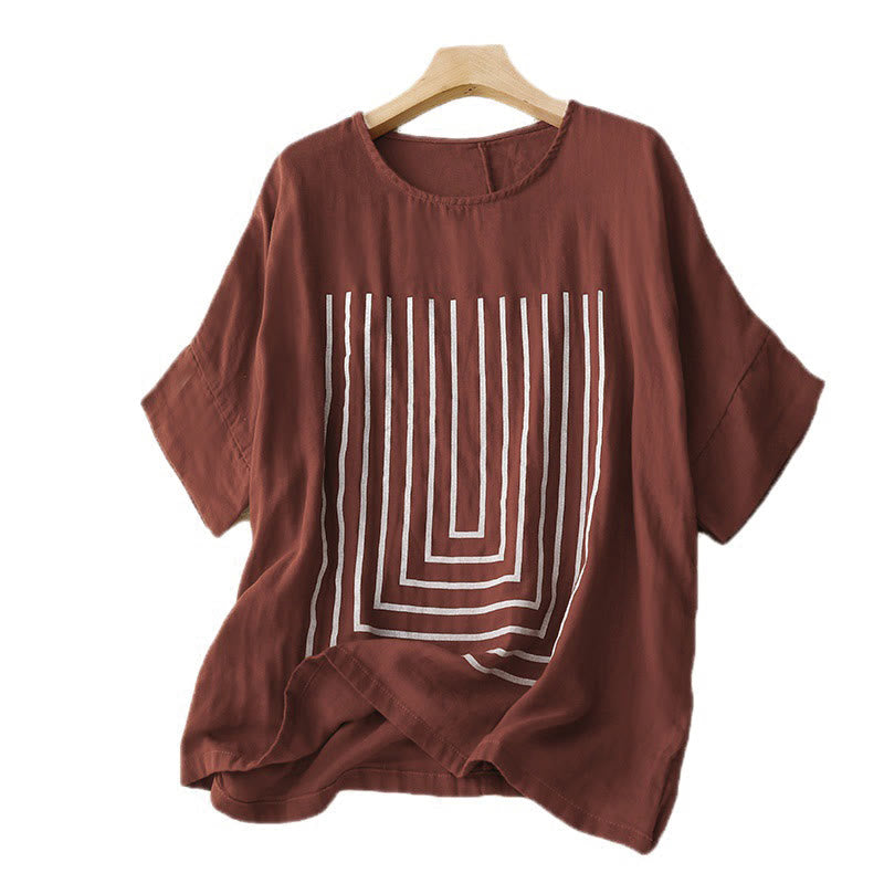 Buddha Stonesカジュアルラインプリント柄半袖コットンリネンレディースTシャツ - image 11