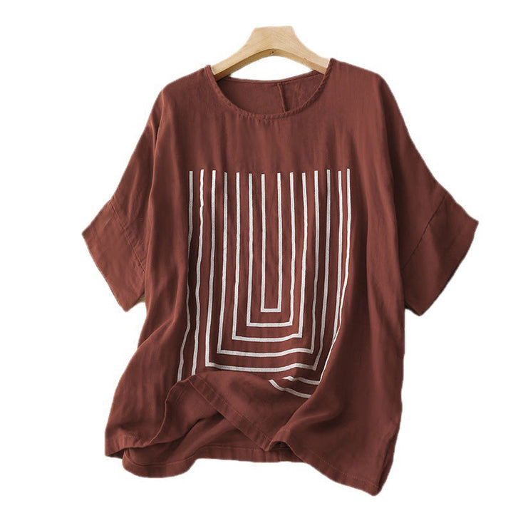 Buddha Stonesカジュアルラインプリント柄半袖コットンリネンレディースTシャツ - image 11