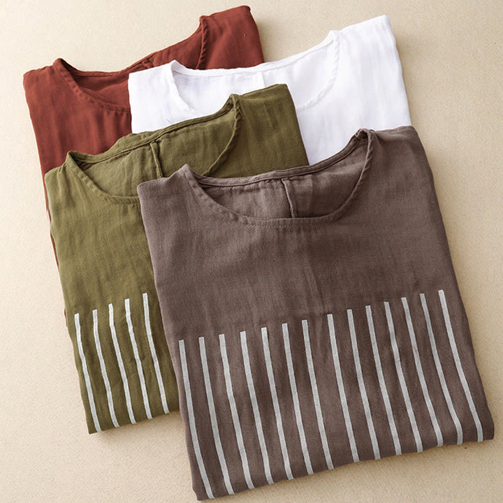 Buddha Stonesカジュアルラインプリント柄半袖コットンリネンレディースTシャツ - image 23