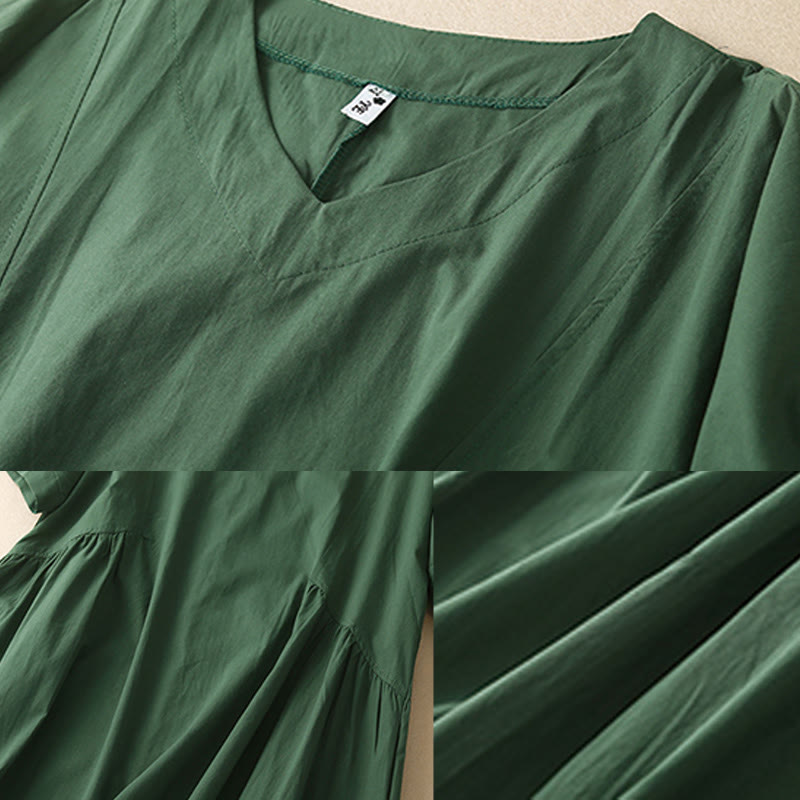 Buddha Stonesカジュアル ピュアカラーデザイン 半袖 Vネック コットン ミディドレス ポケット付き - image 3