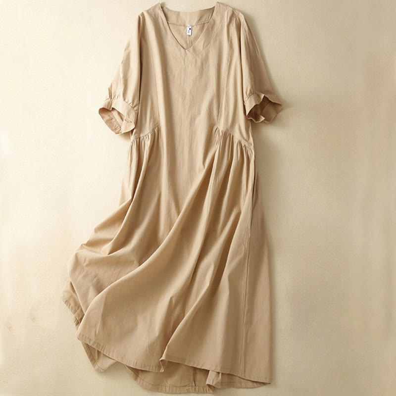 Buddha Stonesカジュアル ピュアカラーデザイン 半袖 Vネック コットン ミディドレス ポケット付き - ペールゴールデンロッド - US8-10，UK/AU12-14，EU40-42 (2XL) - image 9