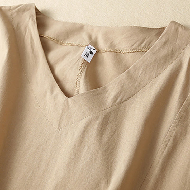 Buddha Stonesカジュアル ピュアカラーデザイン 半袖 Vネック コットン ミディドレス ポケット付き - image 12