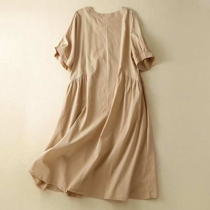 Buddha Stonesカジュアル ピュアカラーデザイン 半袖 Vネック コットン ミディドレス ポケット付き - image 10