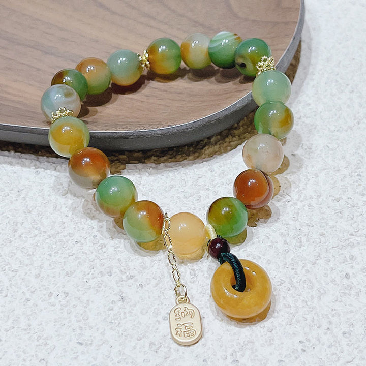 Buddha Stones ピーコックアゲート＆トパーズ 平和チャーム付き ヒーリングブレスレット
