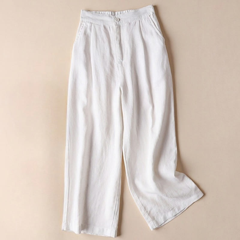 Buddha Stones通勤用 無地 ドローストリング 7-8丈 コットンリネン レディース ワイドレッグパンツ ポケット付き - 白 - US12、 UK/AU16、 EU44 (3XL) - image 8