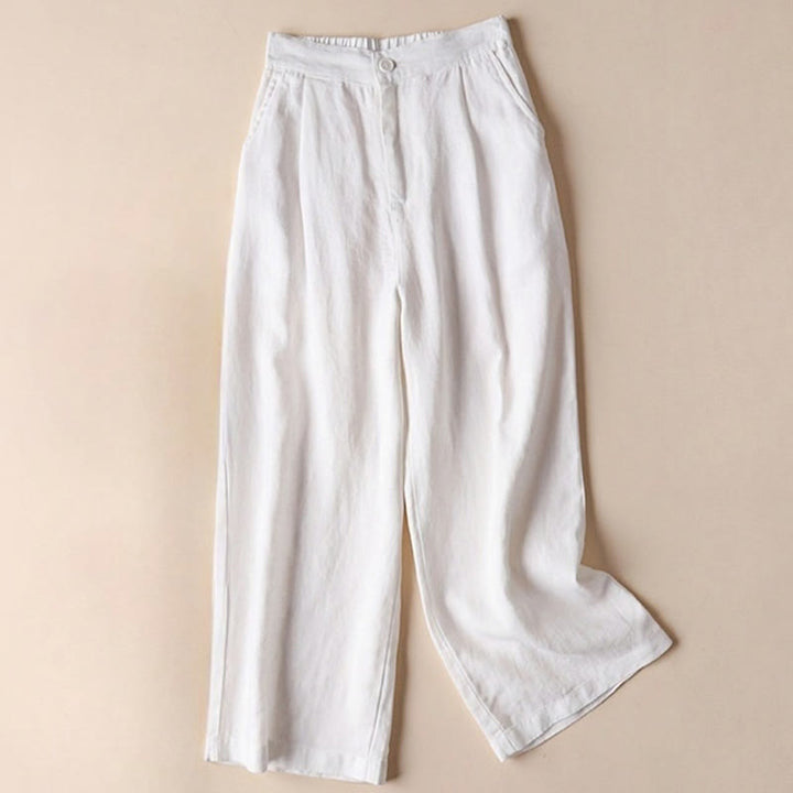 Buddha Stones通勤用 無地 ドローストリング 7-8丈 コットンリネン レディース ワイドレッグパンツ ポケット付き - 白 - US12、 UK/AU16、 EU44 (3XL) - image 8