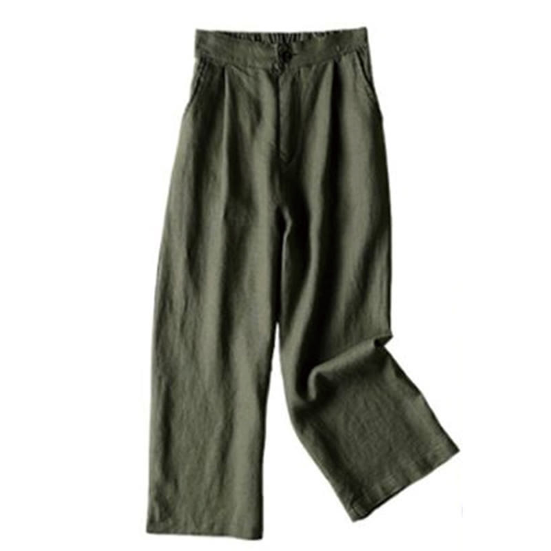 Buddha Stones通勤用 無地 ドローストリング 7-8丈 コットンリネン レディース ワイドレッグパンツ ポケット付き - ダークオリーブグリーン - US12、 UK/AU16、 EU44 (3XL) - image 18