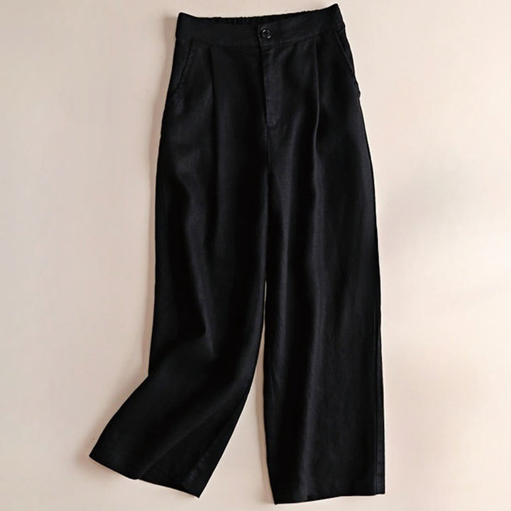 Buddha Stones通勤用 無地 ドローストリング 7-8丈 コットンリネン レディース ワイドレッグパンツ ポケット付き - 黒 - US12、 UK/AU16、 EU44 (3XL) - image 11