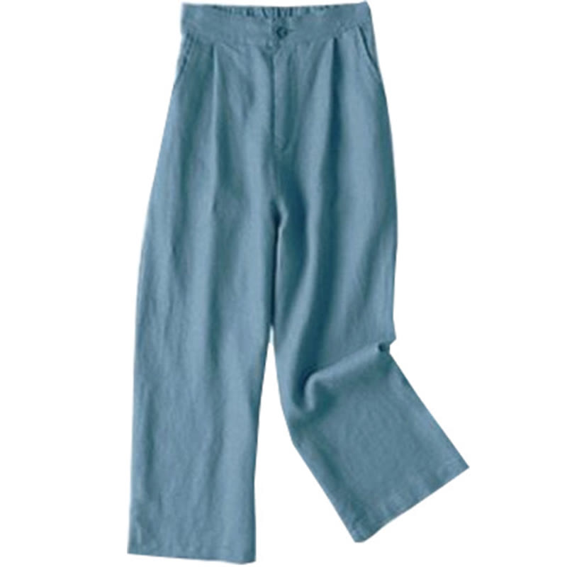 Buddha Stones通勤用 無地 ドローストリング 7-8丈 コットンリネン レディース ワイドレッグパンツ ポケット付き - スティールブルー - US12、 UK/AU16、 EU44 (3XL) - image 19