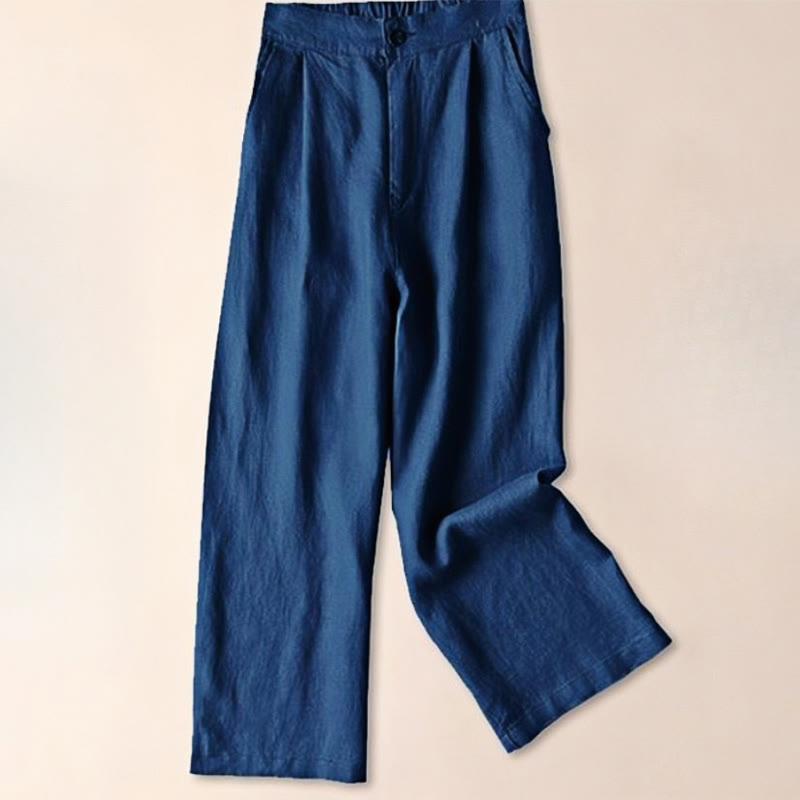 Buddha Stones通勤用 無地 ドローストリング 7-8丈 コットンリネン レディース ワイドレッグパンツ ポケット付き - ダークブルー - US12、 UK/AU16、 EU44 (3XL) - image 17
