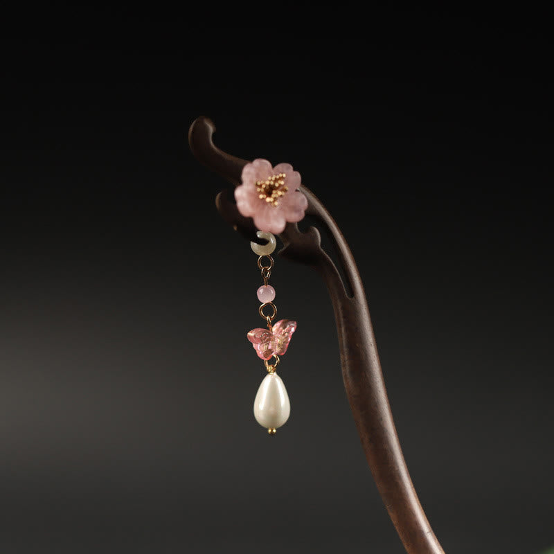 Buddha Stones黒檀 花 蝶 祝福 ヘアピン